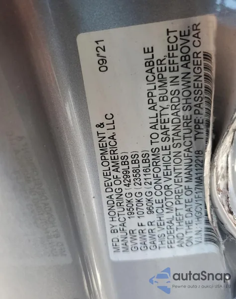 2021 Honda Accord Lx z USA, uszkodzony, nr VIN 1HGCV1F17MA112218